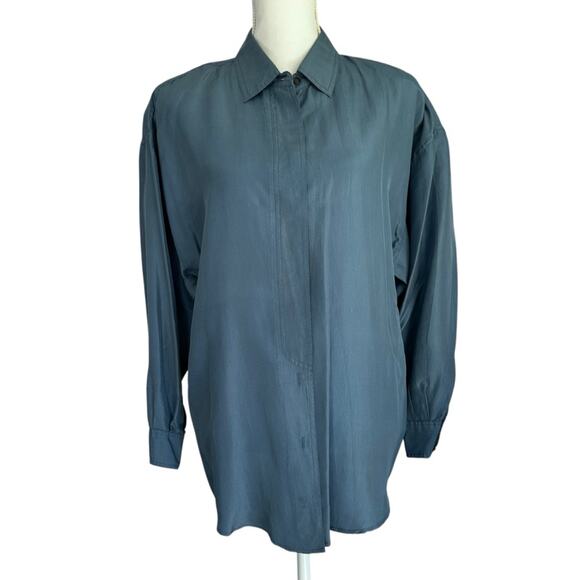 Express - Campagnie International, Silk Steele blue button down blouse, sizeS - Picture 4 of 11